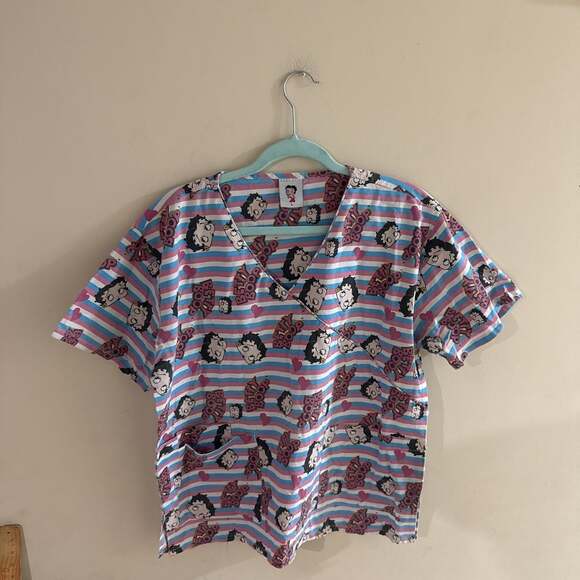Betty Boop Striped Scrub Top, Pink and Blue, Size L - Picture 1 of 5
